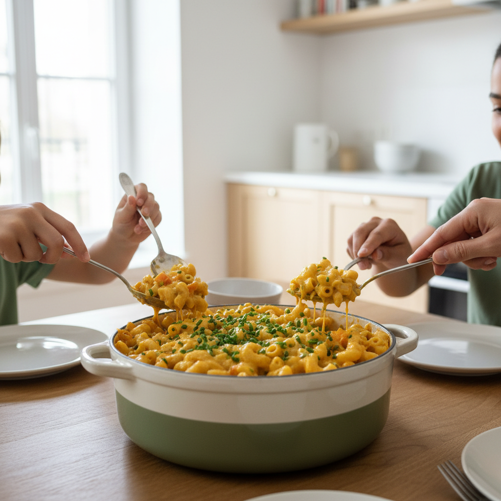 Service familial d’un mac and cheese crémeux au centre de table, herbes douces