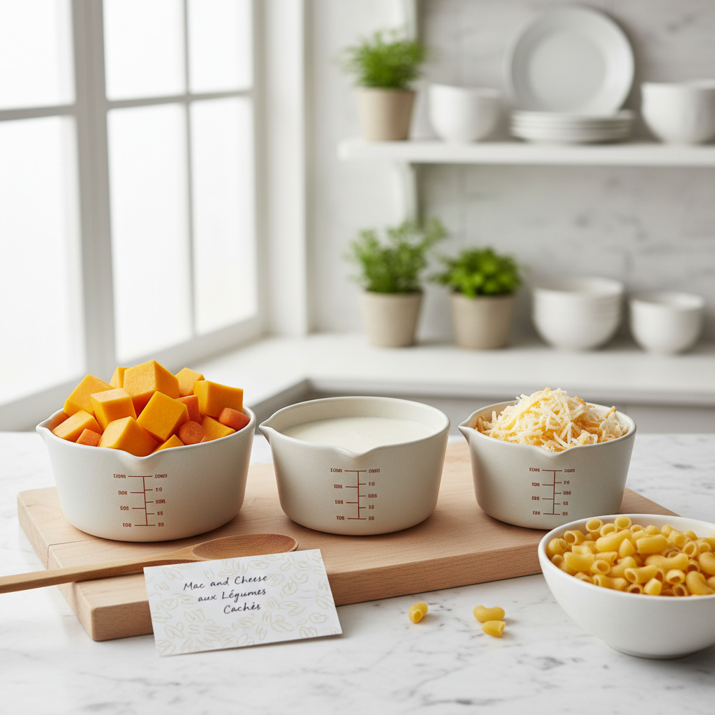 Mise en scène d’ingrédients 3-2-1 en tasses doseuses: courge–carotte, liquide, fromages