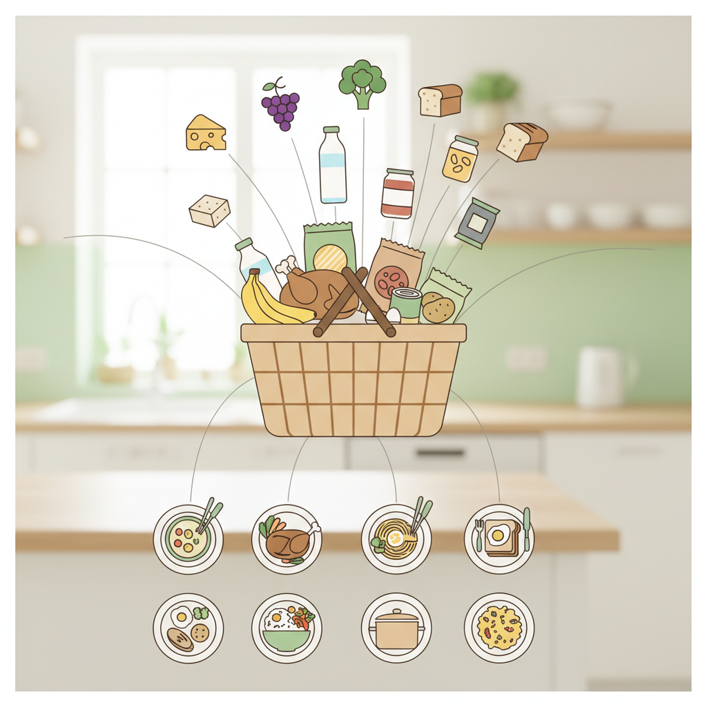Schéma reliant 15 aliments à une multitude de repas possibles