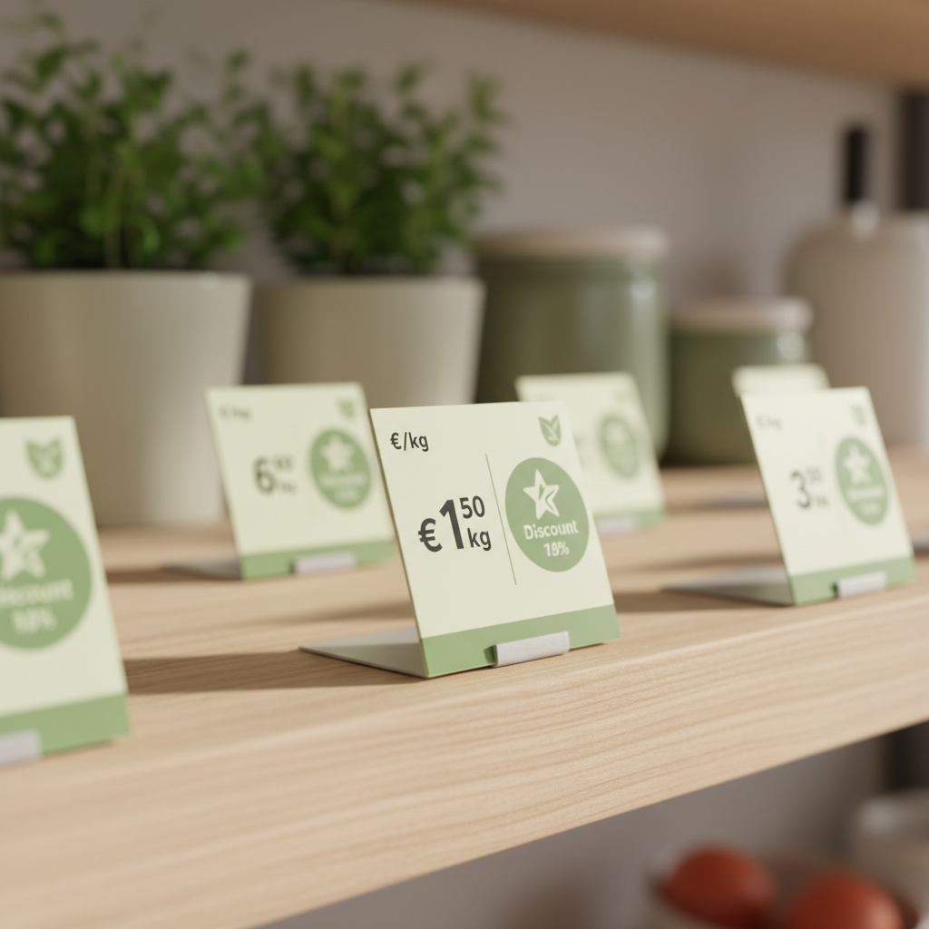 Étiquettes en rayon montrant prix au kilo et promos fidélité