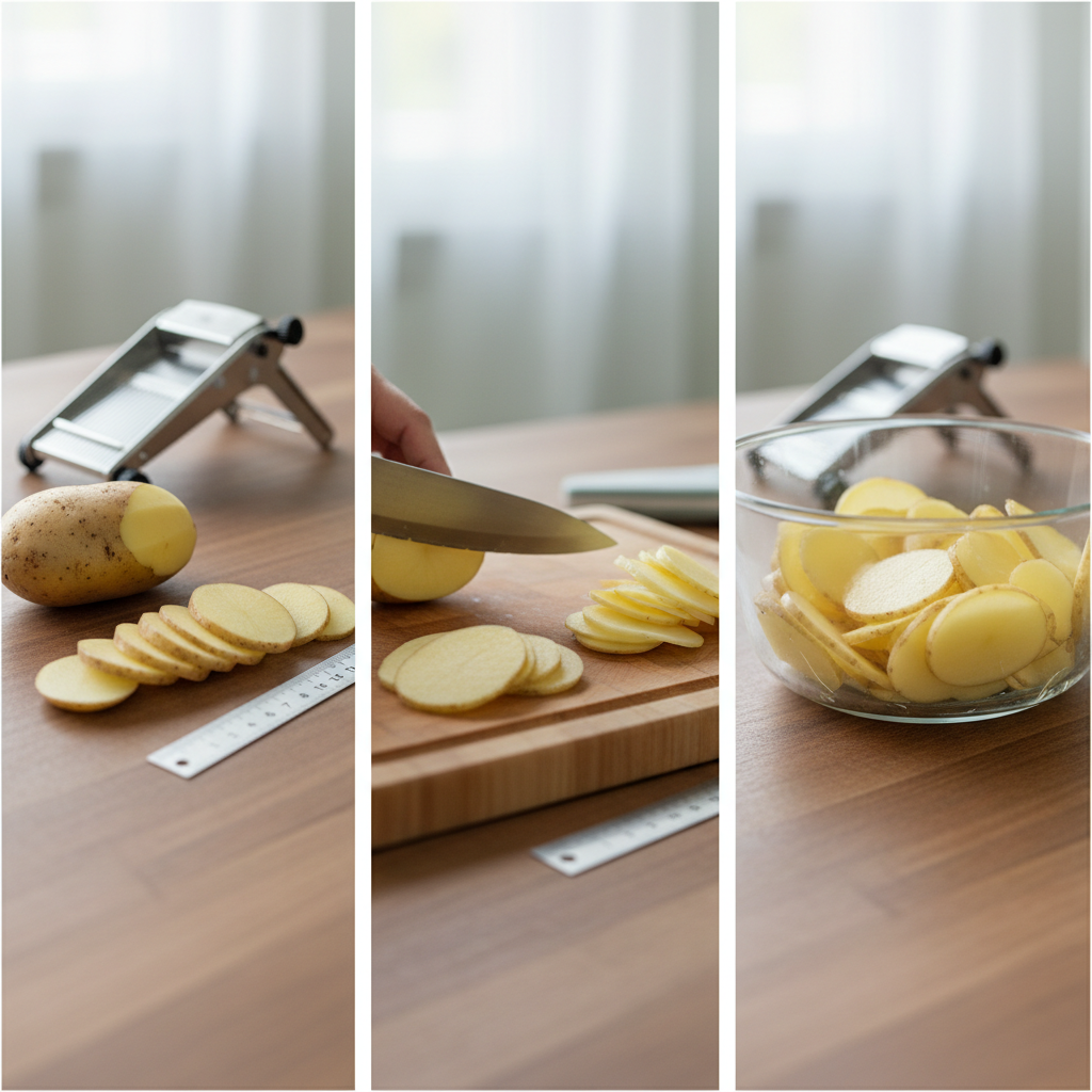 Tranches de pommes de terre régulières à 2–3 mm prêtes pour le gratin
