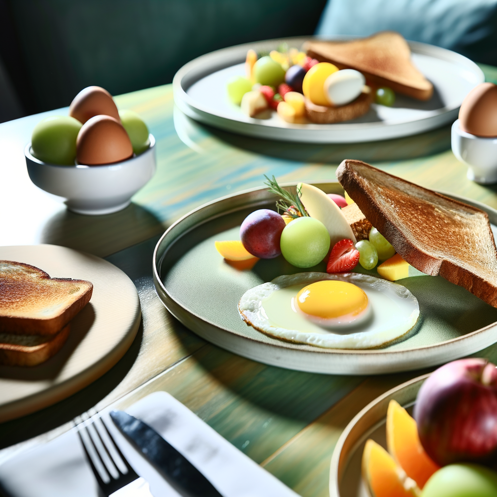 Photos de plats de petit-déjeuner préparés avec œufs, pain grillé et fruits
