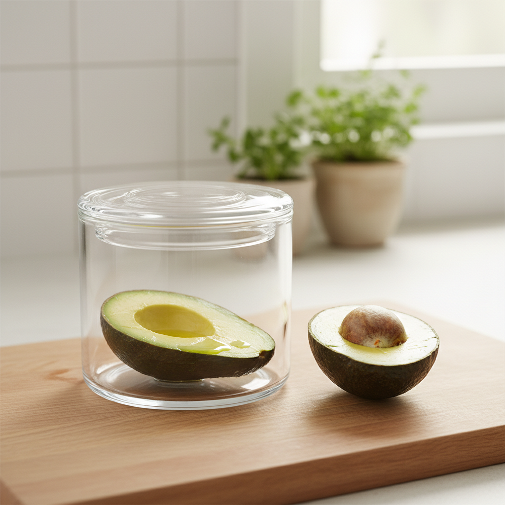 Demi-avocat badigeonné d’huile dans une boîte hermétique prête à être réfrigérée