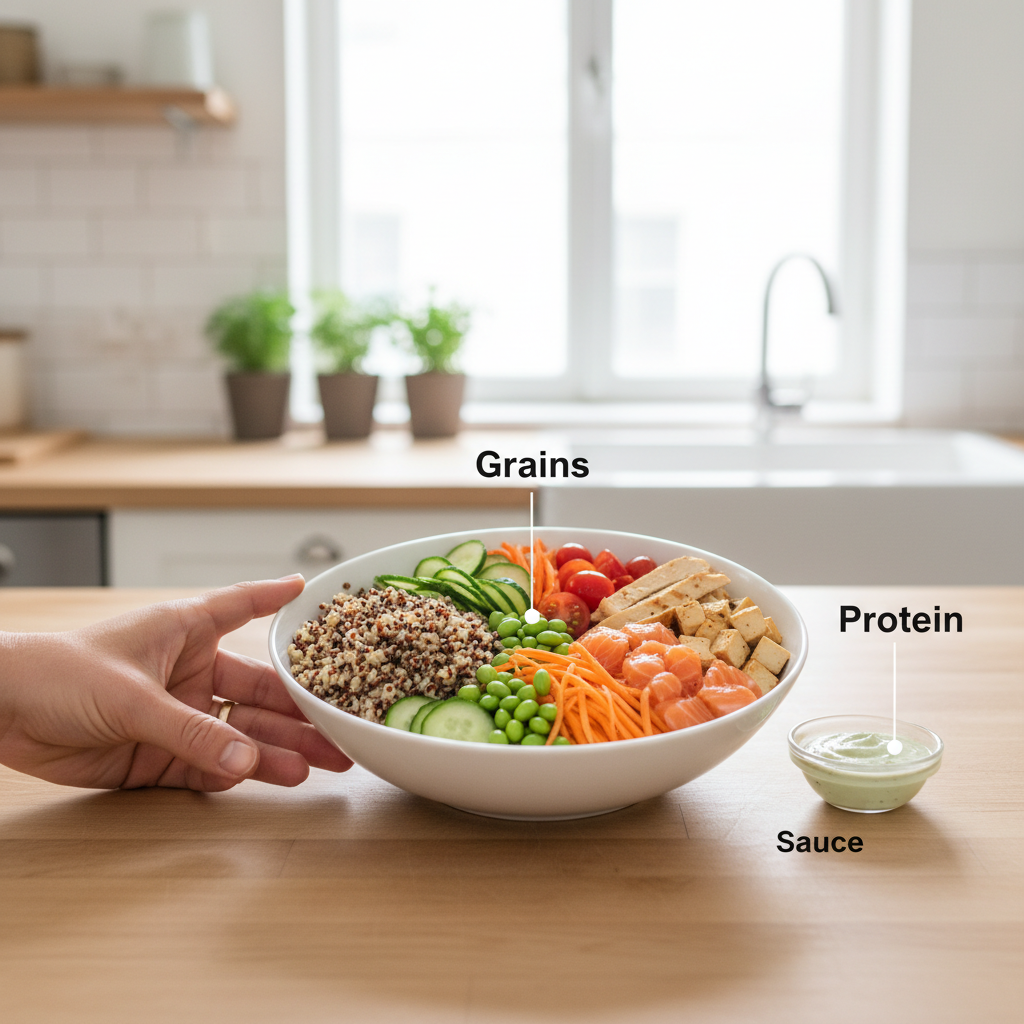 Repères de portions avec main et bol pour chaque groupe