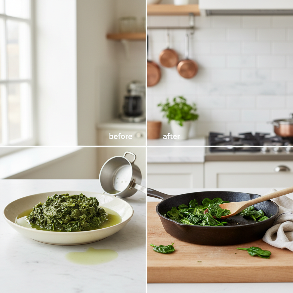 Comparatif visuel épinards bouillis vs. sautés, verts vifs et sans eau