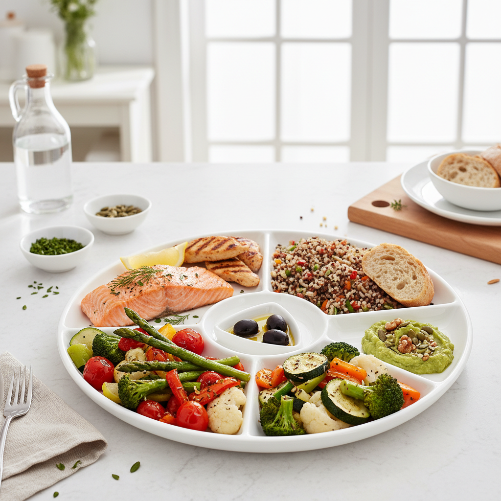 Schéma d’assiette volumineuse avec proportions protéines, légumes, féculents/légumineuses et lipides
