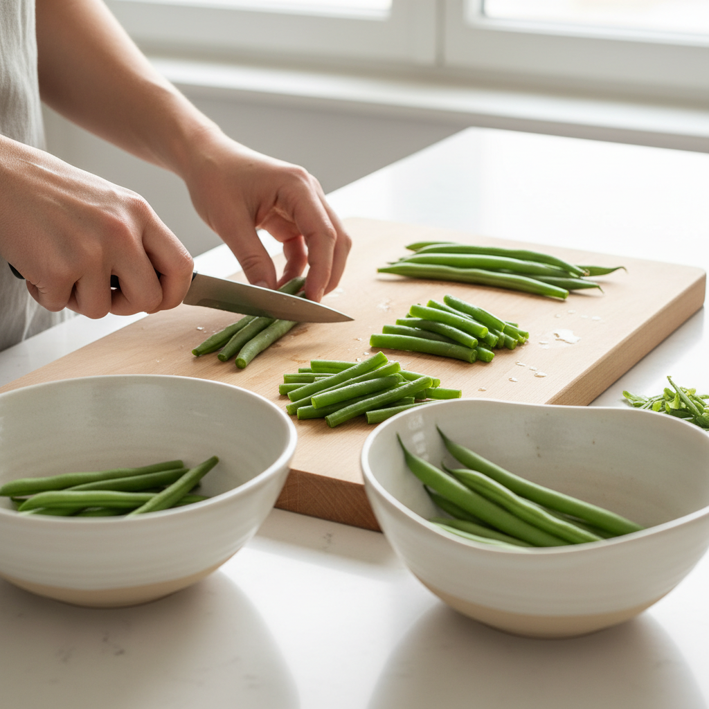 Équeutage et tri des haricots verts par épaisseur