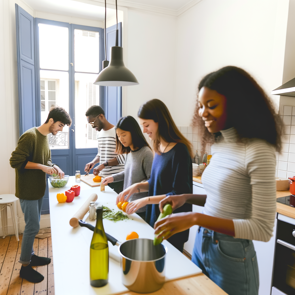 Étudiants dans une petite cuisine