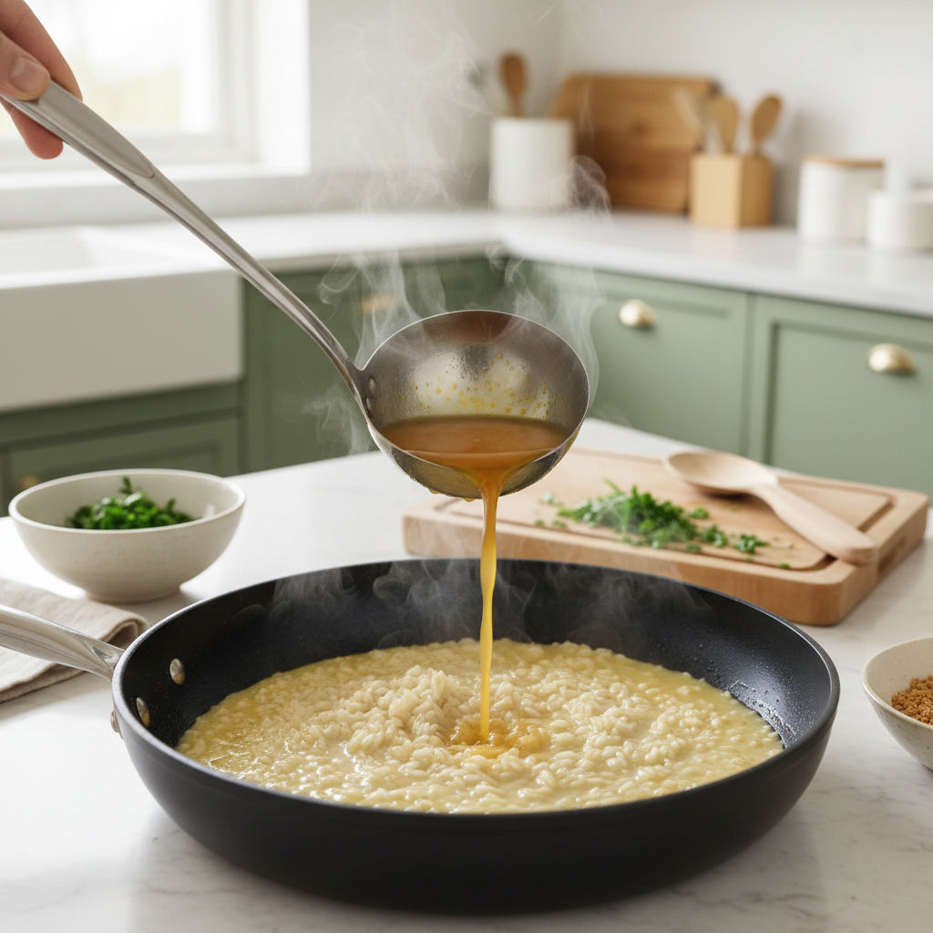 Louche de bouillon chaud versée progressivement dans le riz