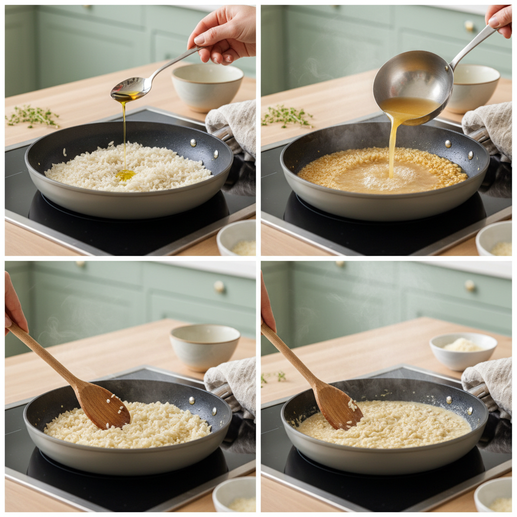 Étapes de base: nacrage, ajout du bouillon, mélange doux