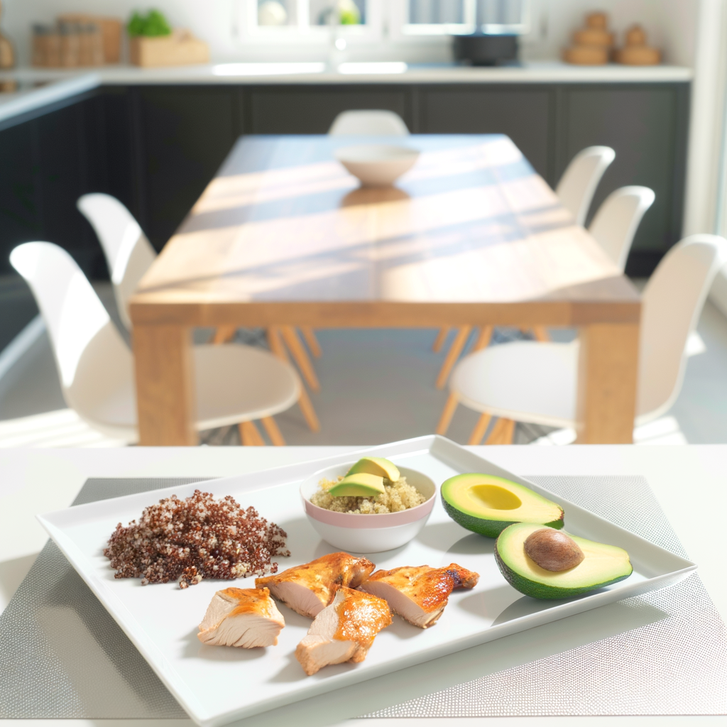 Illustration d'un repas équilibré avec portions de protéines, glucides et lipides