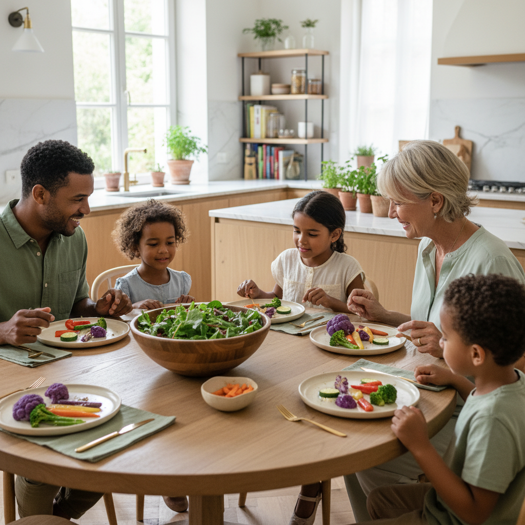 Table familiale chaleureuse avec petites portions réalistes de légumes variés