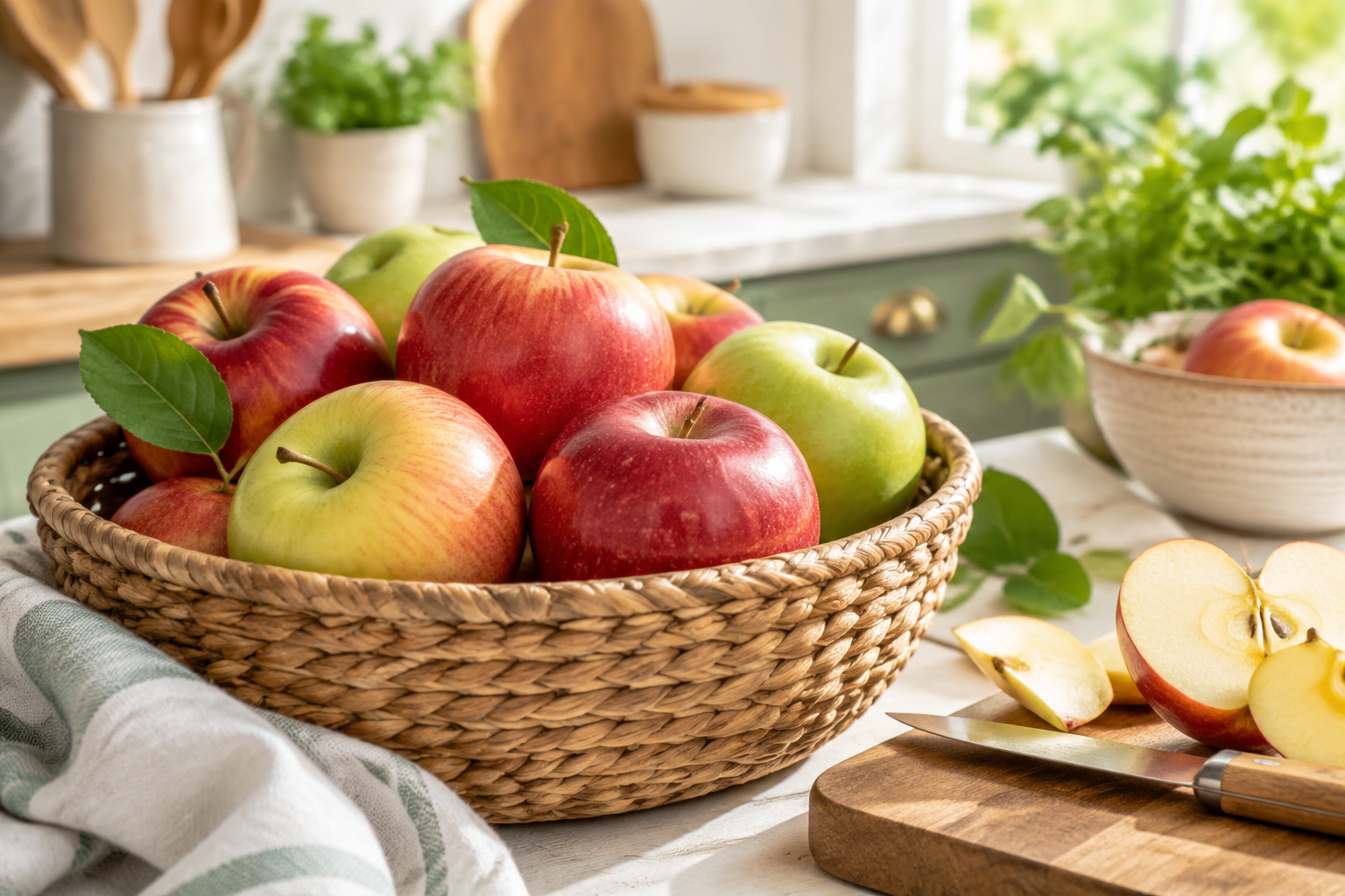 Variétés de pommes fraîches dans un panier sur un plan de travail