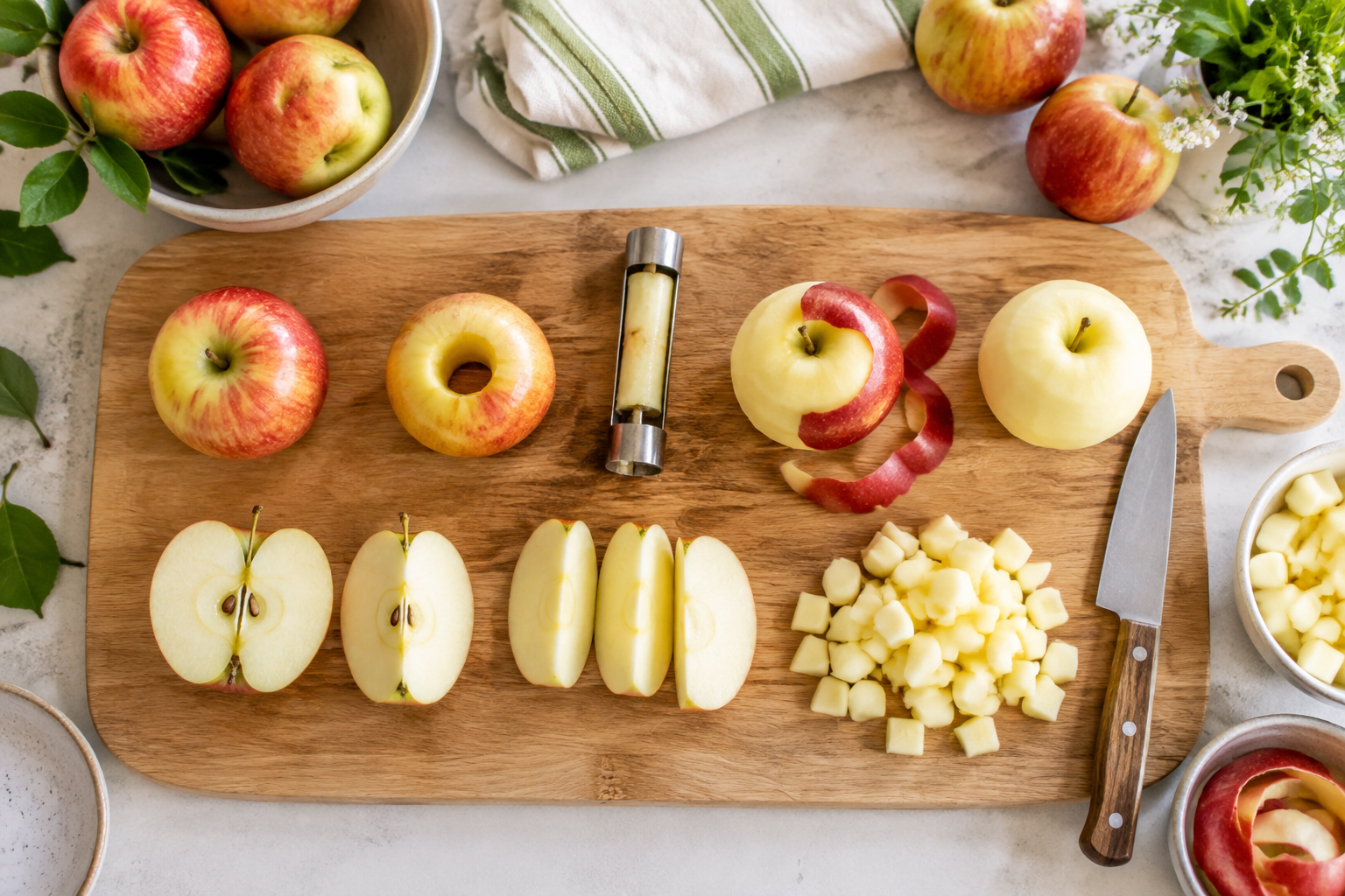 Étapes de préparation: évider, éplucher et couper des pommes