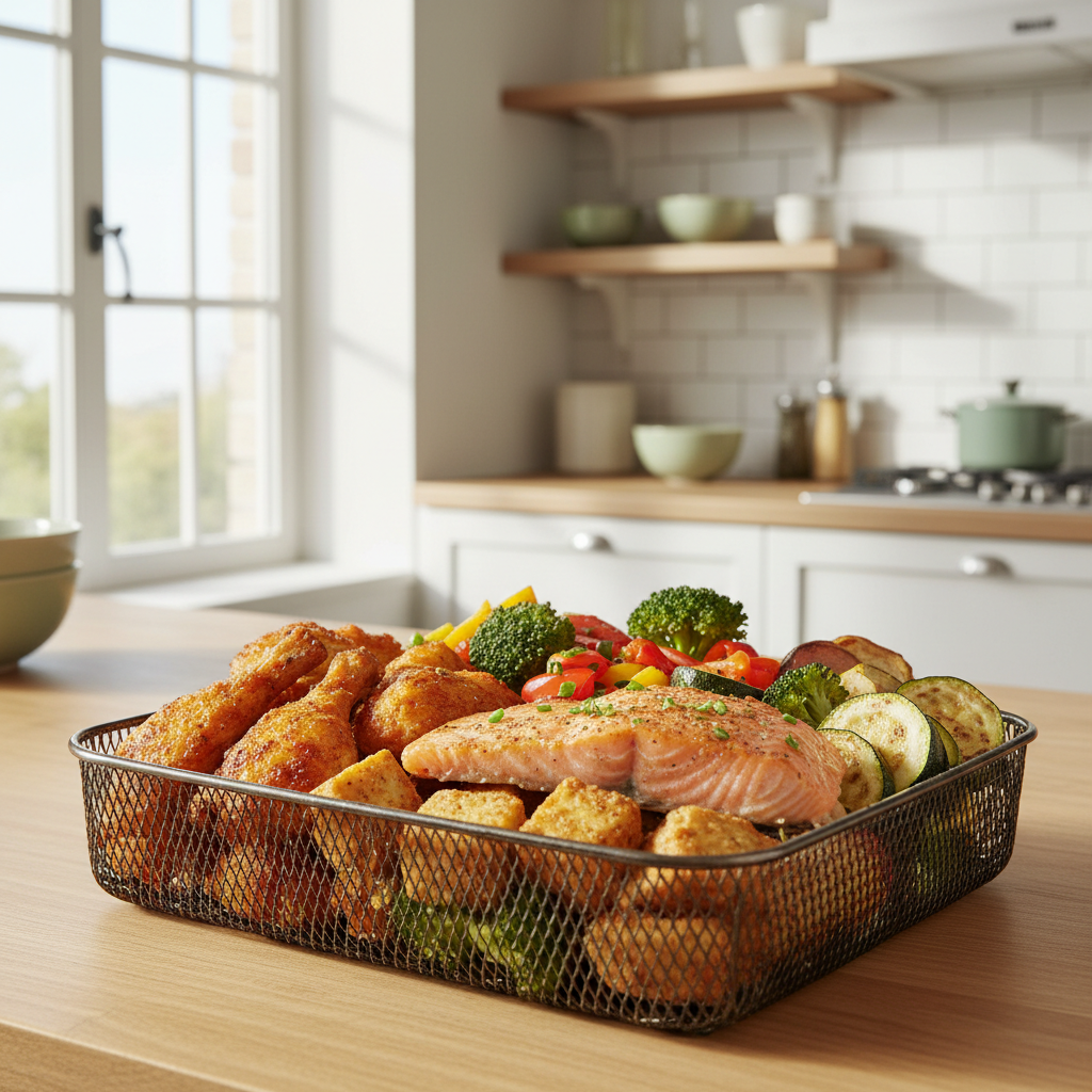 Panier d’Airfryer rempli de plats sains et croustillants