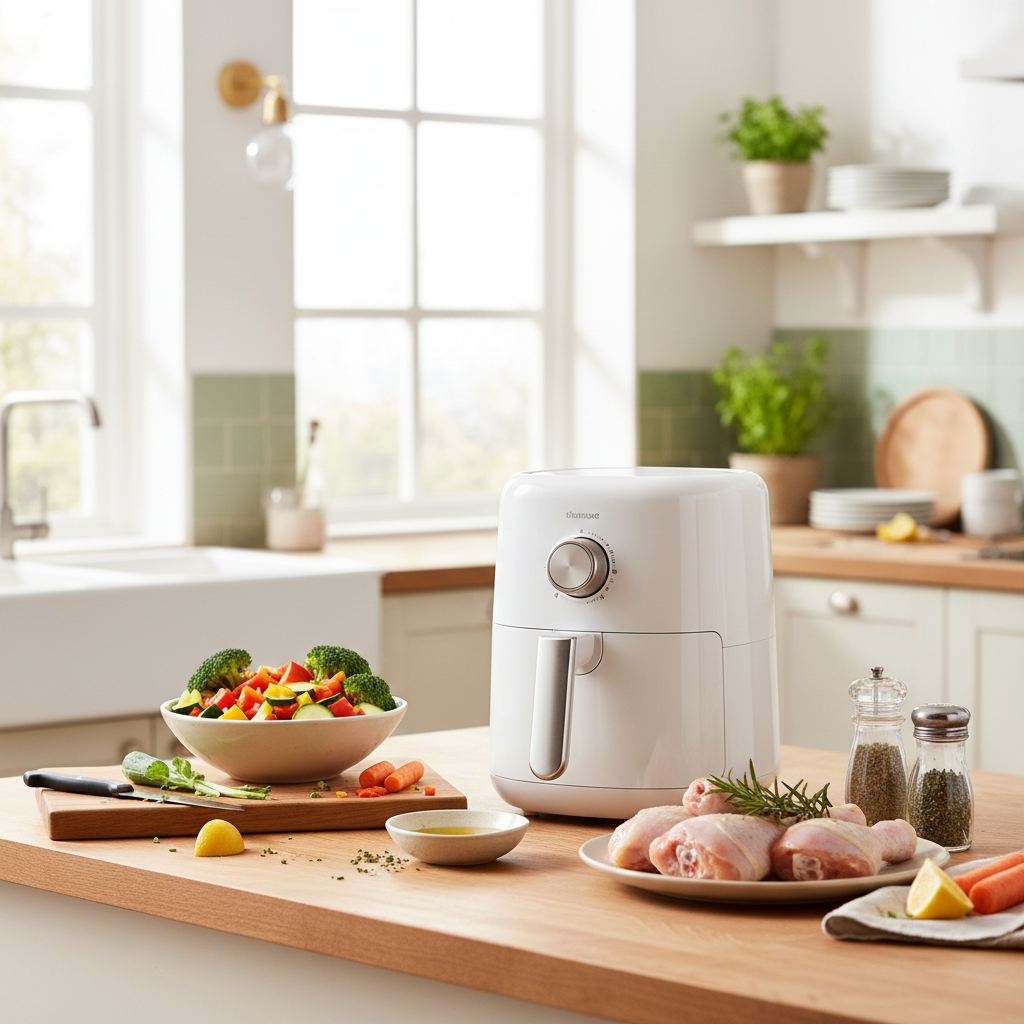Airfryer posé sur un plan de travail avec ingrédients frais