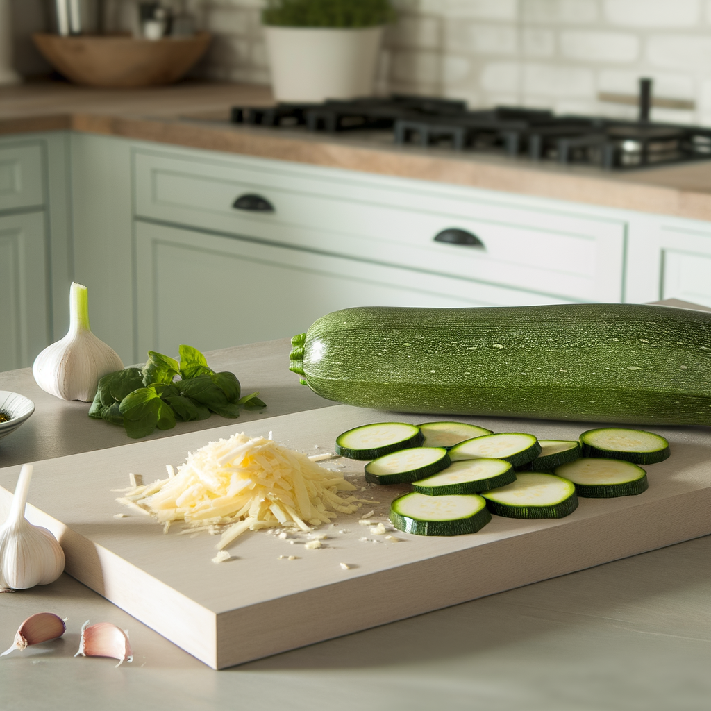 Ingrédients pour le gratin de courgettes sur un comptoir