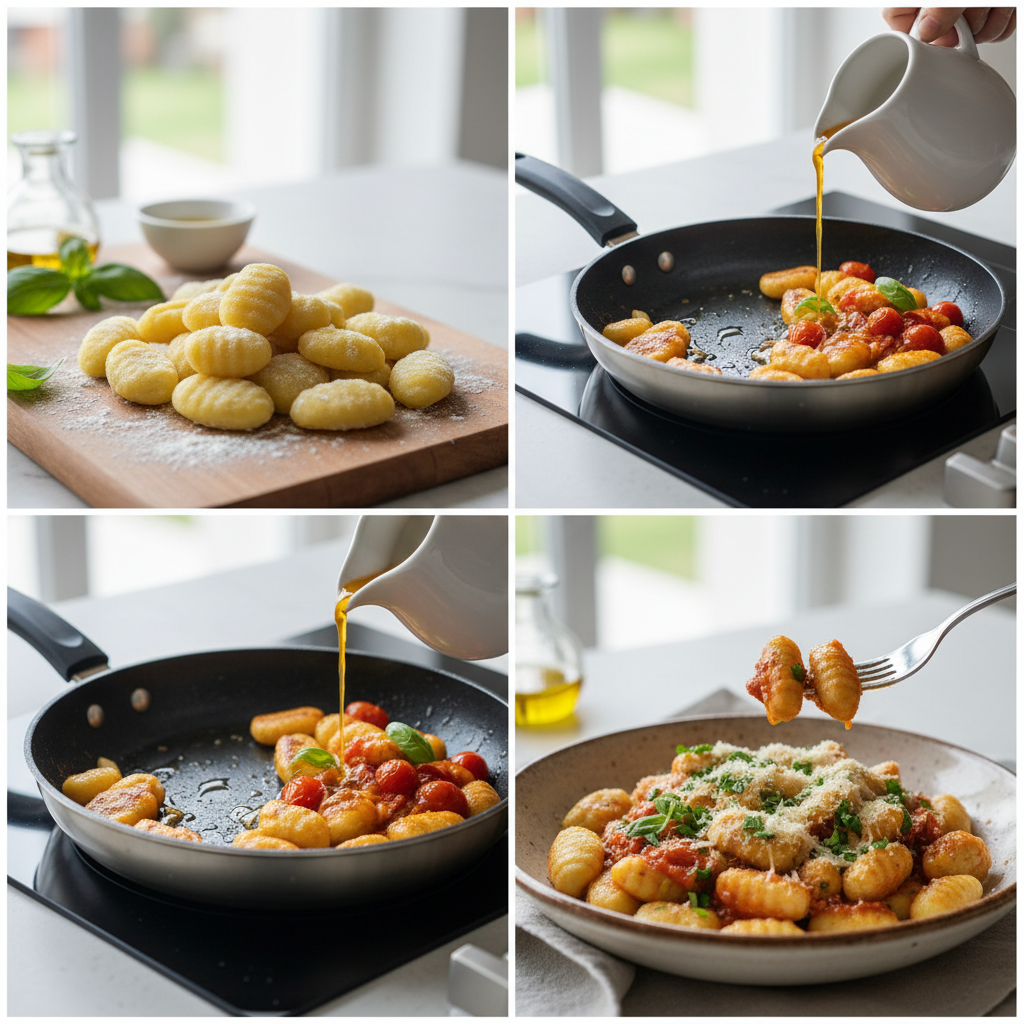 Étapes clés: dorure des gnocchi, ajout de sauce et herbes
