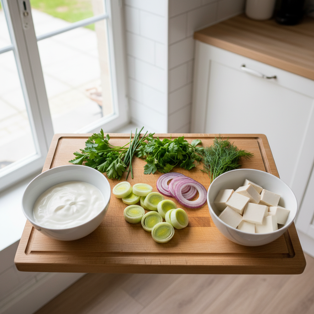 Assiette équilibrée avec fondue de poireaux, protéines et féculents