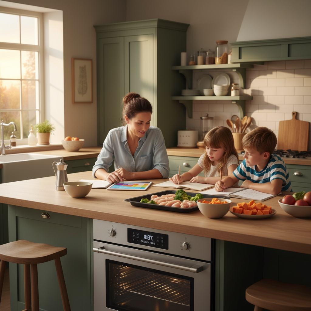 Soirée en famille: four en préchauffage pendant les devoirs