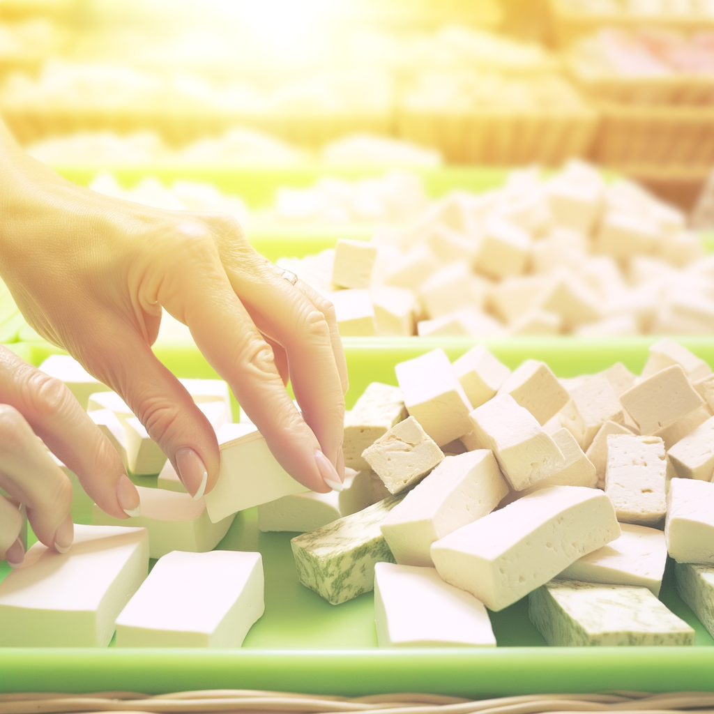 Mains choisissant du tofu dans un magasin