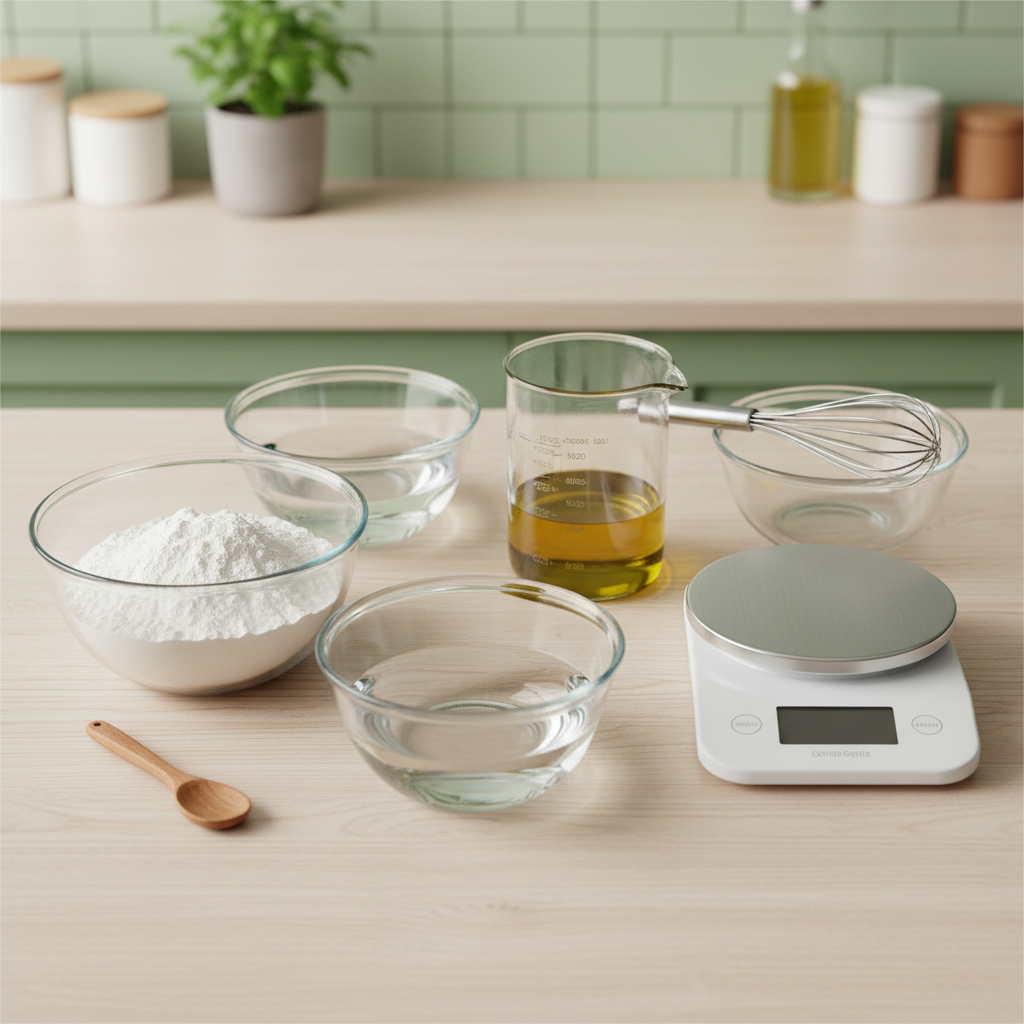 Ingrédients pesés pour pâte à l’huile d’olive avec repères de quantités