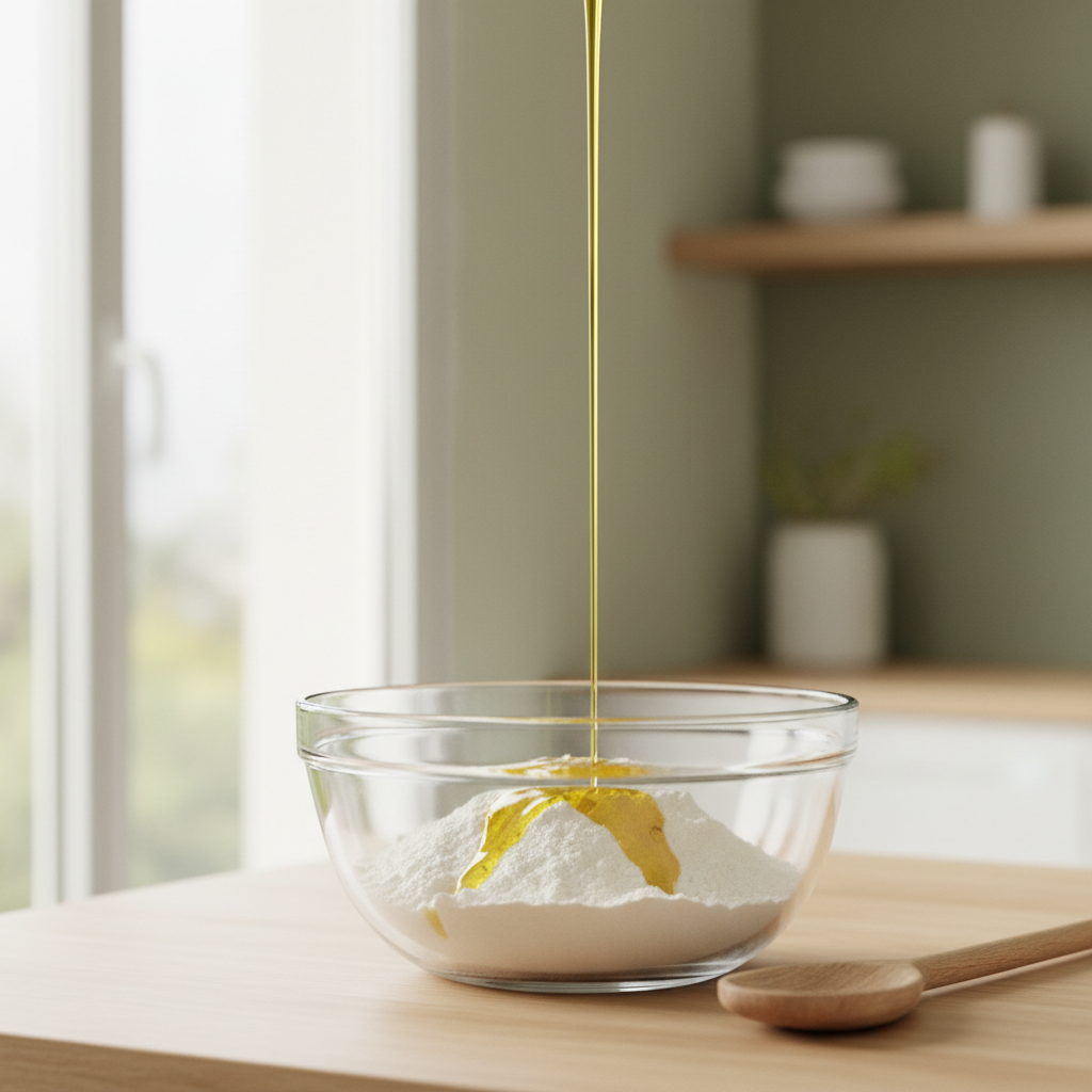 Huile d’olive versée dans la farine pour une pâte souple