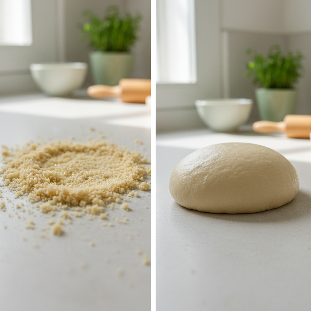 Avant/après hydratation : texture sablée puis boule lisse