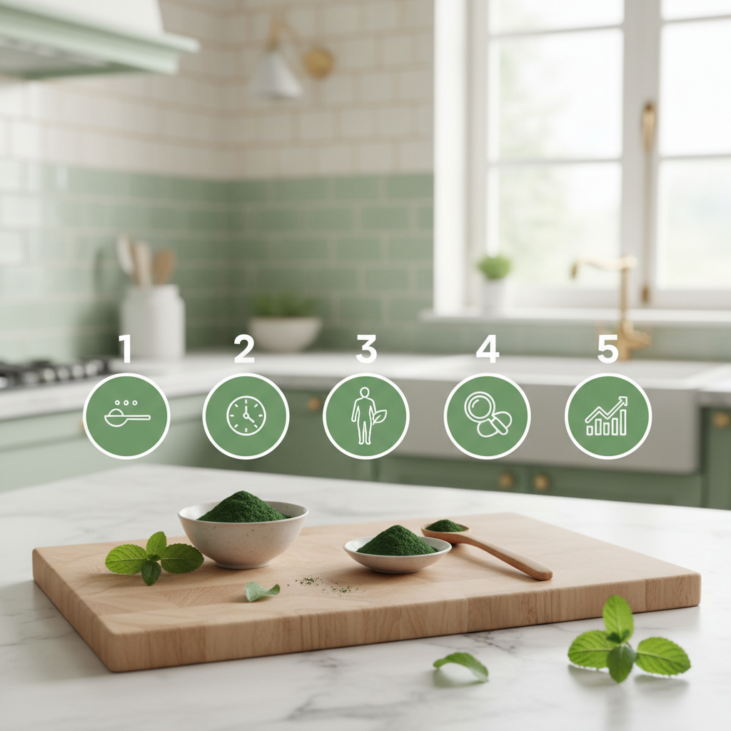 Infographie minimaliste en 5 points sur dose, moment, tolérance, qualité et suivi