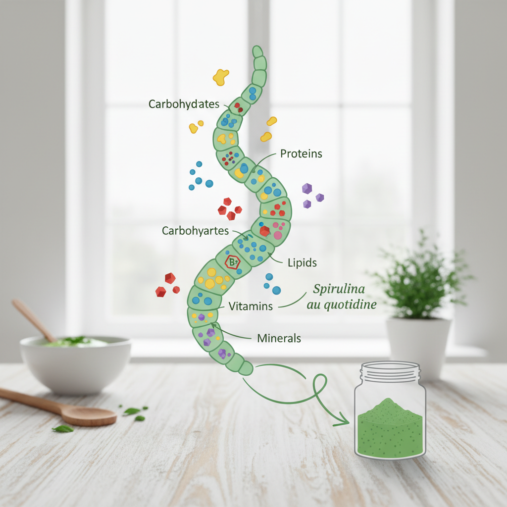 Schéma pédagogique de la spiruline et de ses nutriments principaux