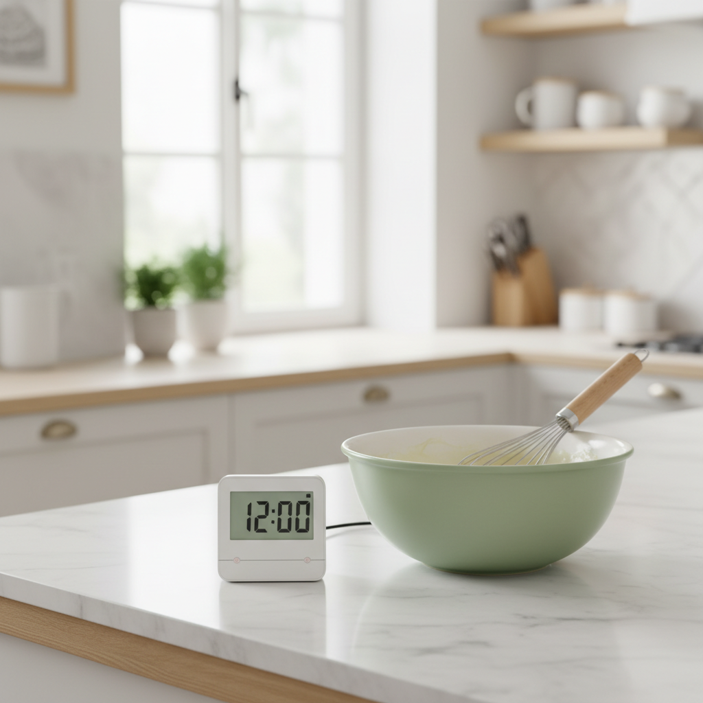 Minuteur réglé sur 12 minutes à côté d’un saladier et d’un fouet