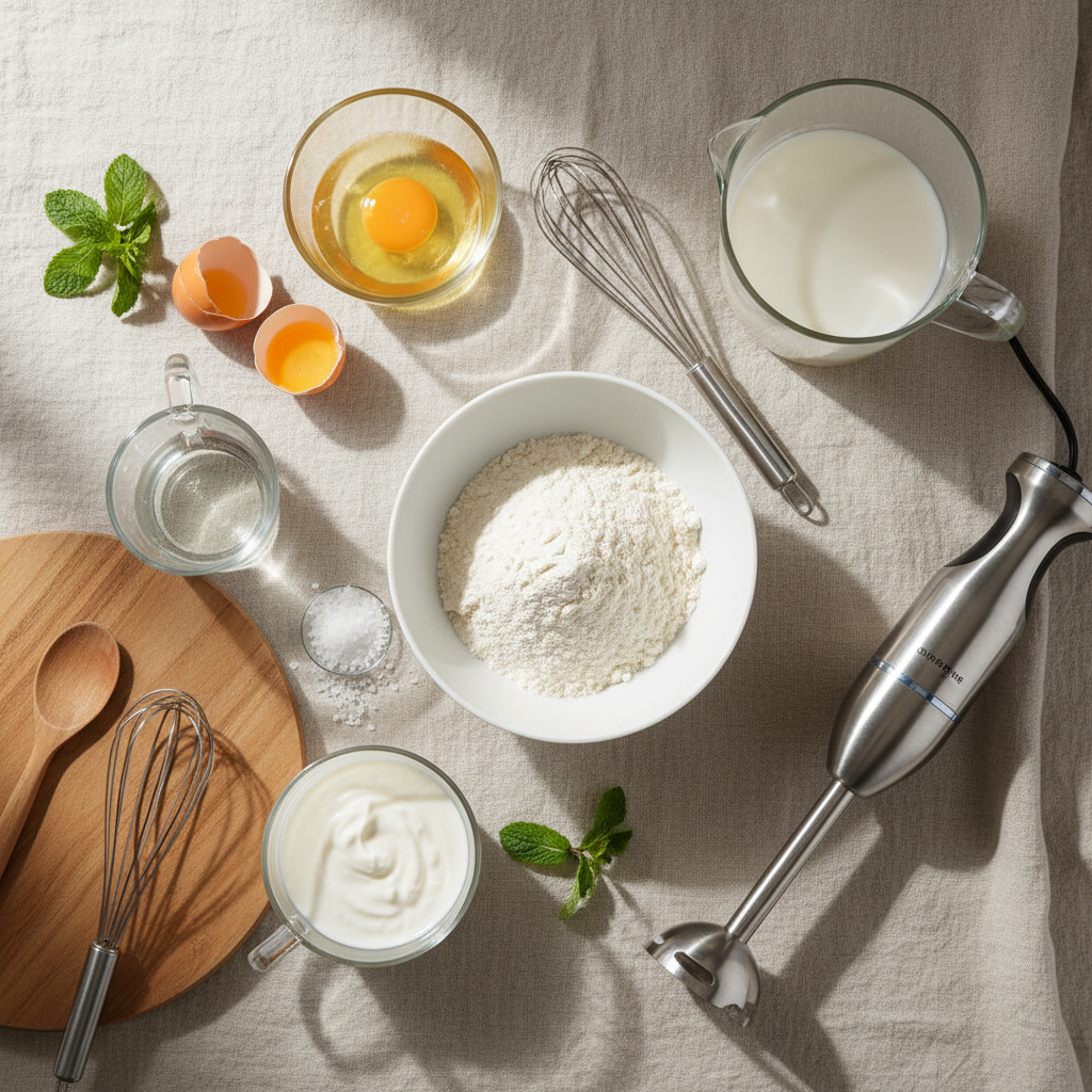 Ingrédients et ustensiles simples pour pâte à crêpe sans lait
