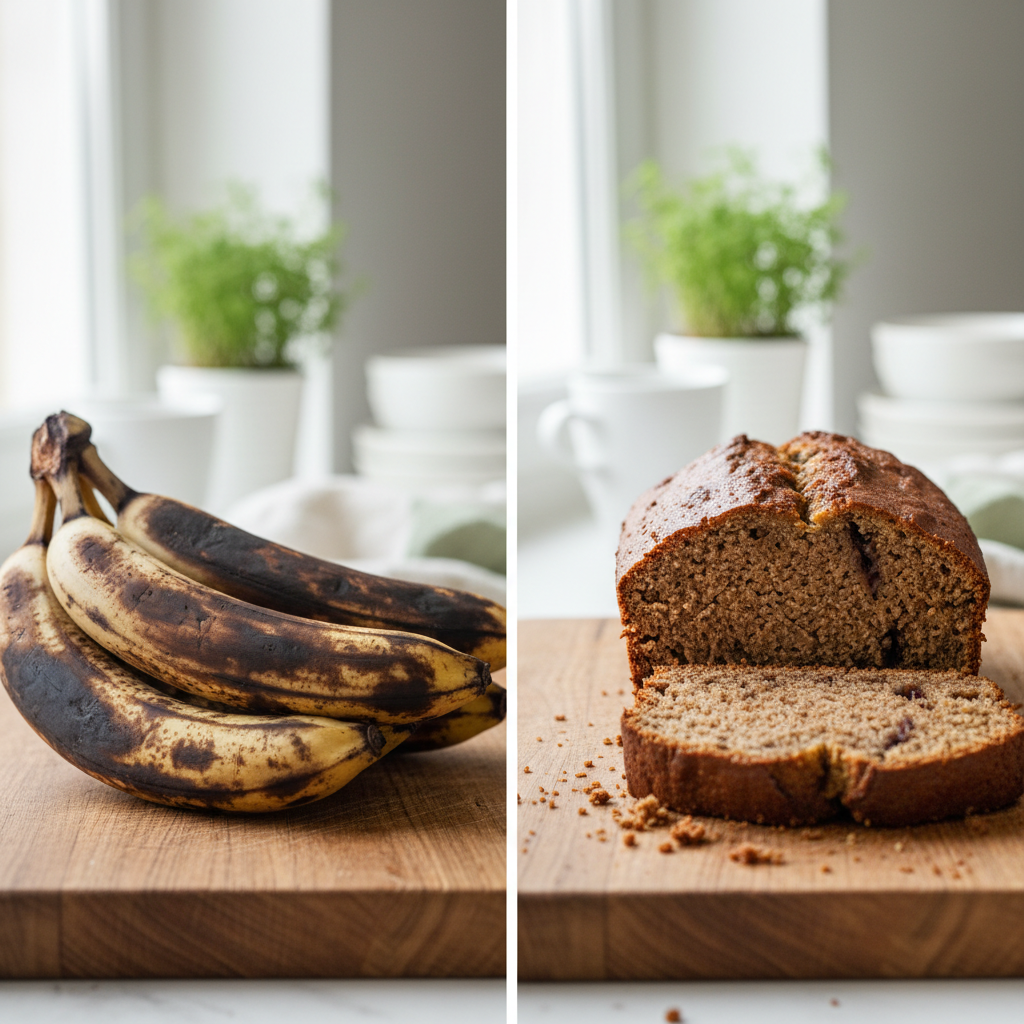 Avant/après: bananes très mûres à côté d’un banana bread moelleux tranché
