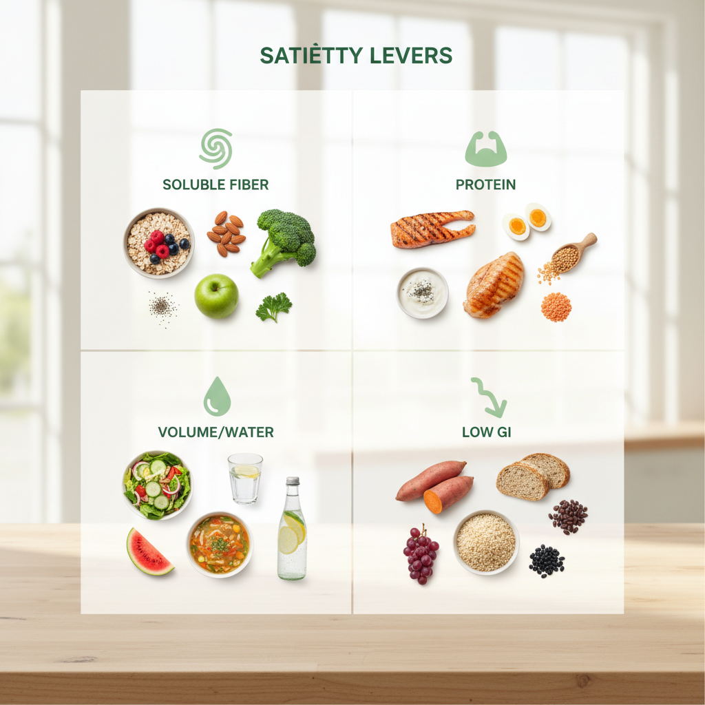 Infographie simple des 4 leviers de satiété avec exemples d’aliments.