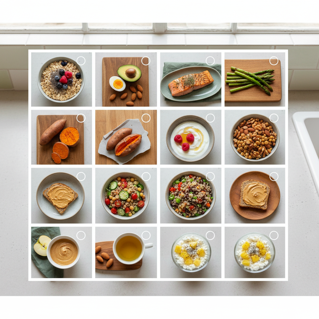 Grille de 12 aliments coupe-faim avec portions indiquées.