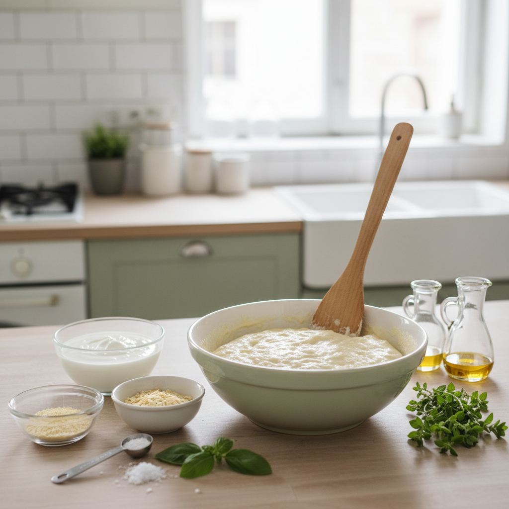 Texture épaisse de la pâte au Skyr avec spatule qui tient debout et ingrédients pesés