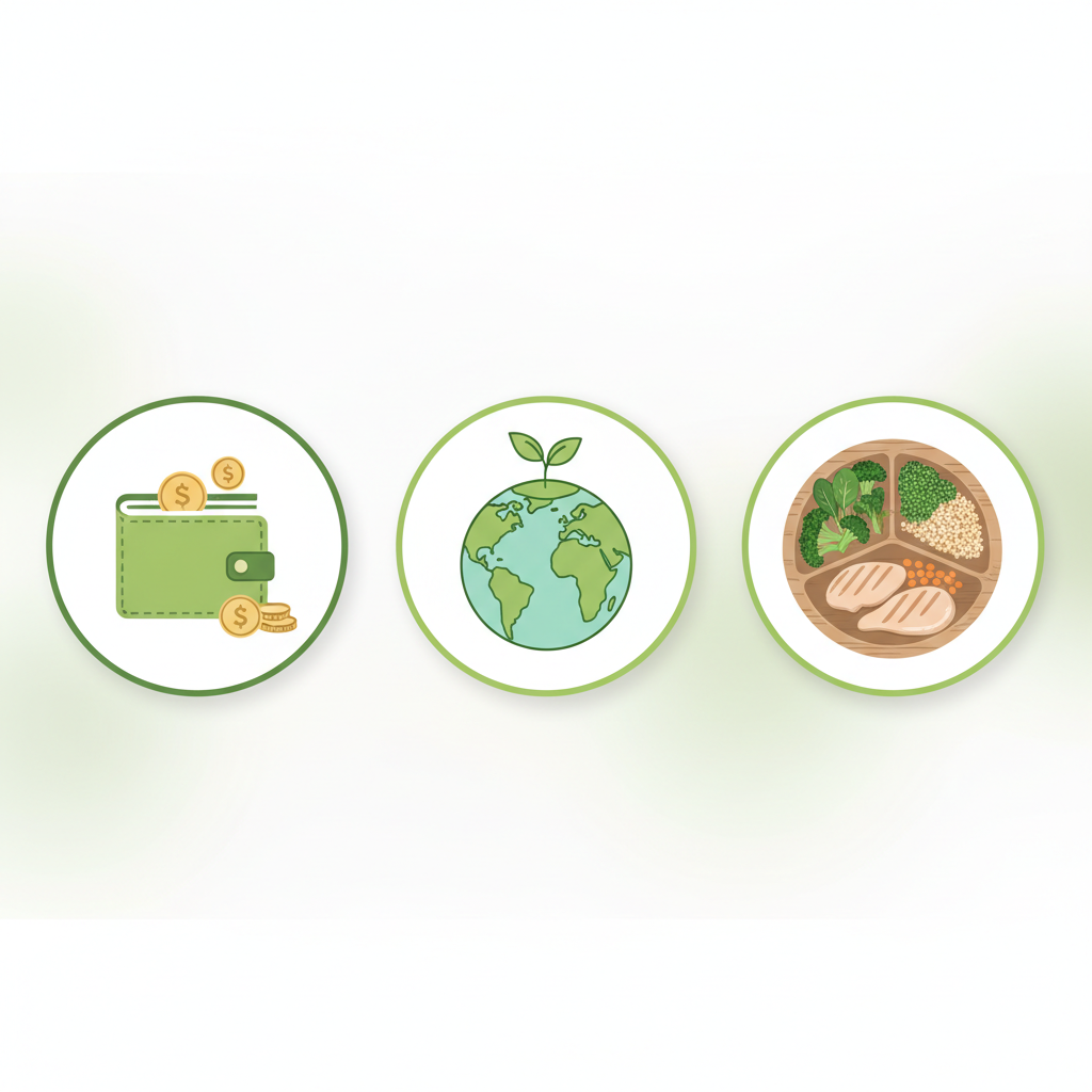 Infographie bénéfices: budget, planète, assiette équilibrée