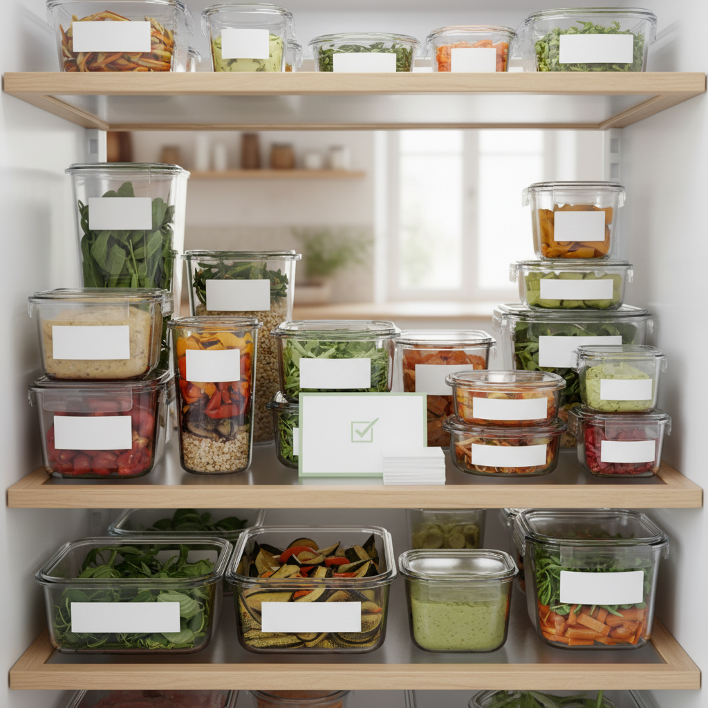 Frigo ordonné avec boîtes étiquetées et mémo sécurité
