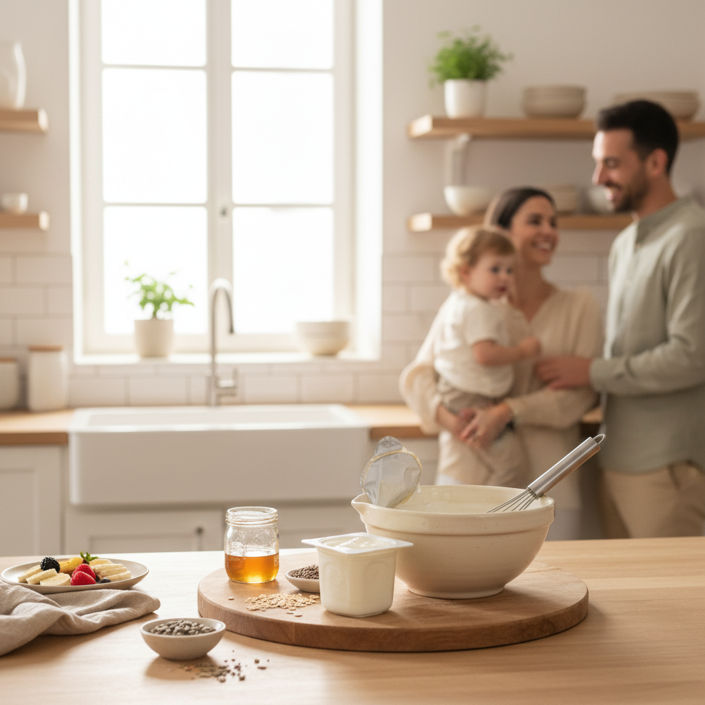 Bol de mélange et pot de yaourt prêts pour une pâte simple