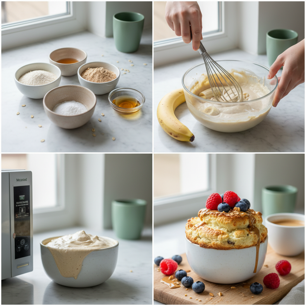 Étapes de la recette avec ingrédients pesés, pâte mélangée et résultat moelleux