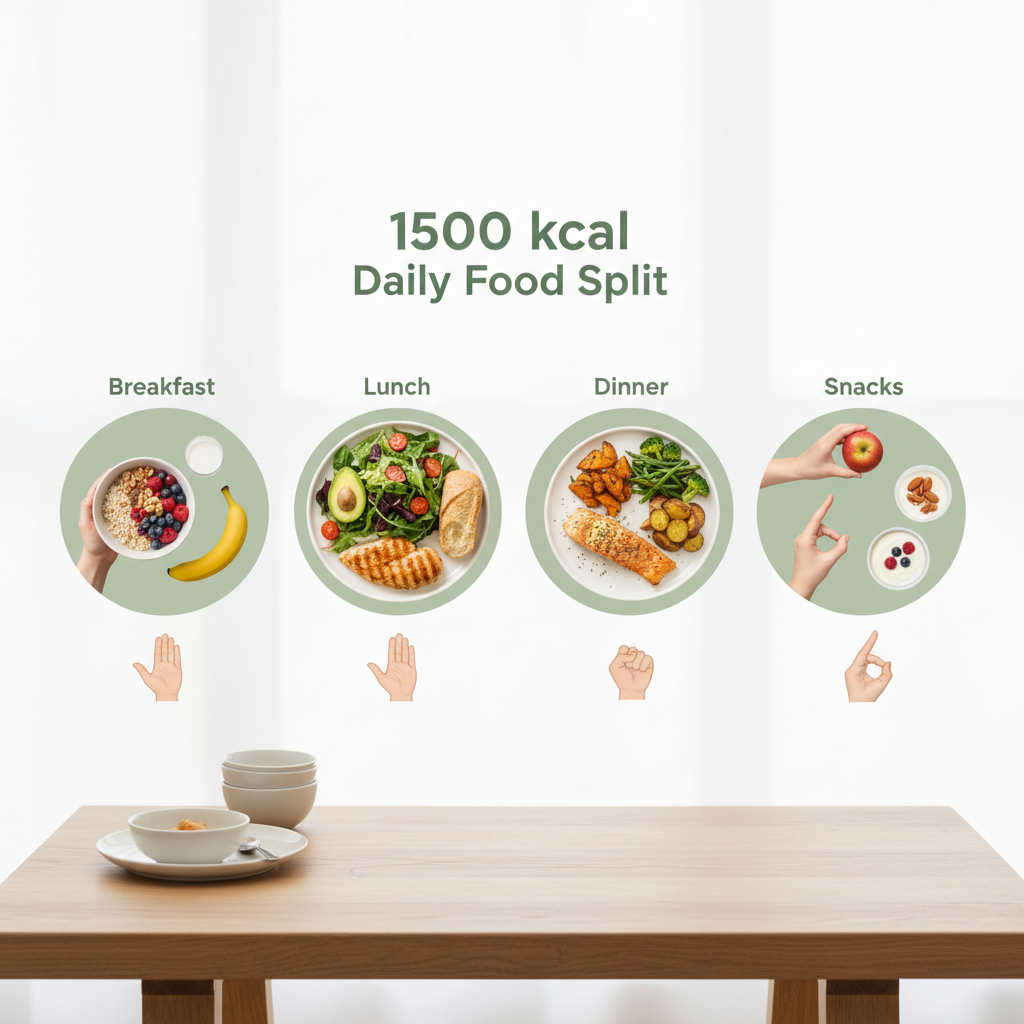 Infographie d’une journée à 1500 kcal avec portions visuelles