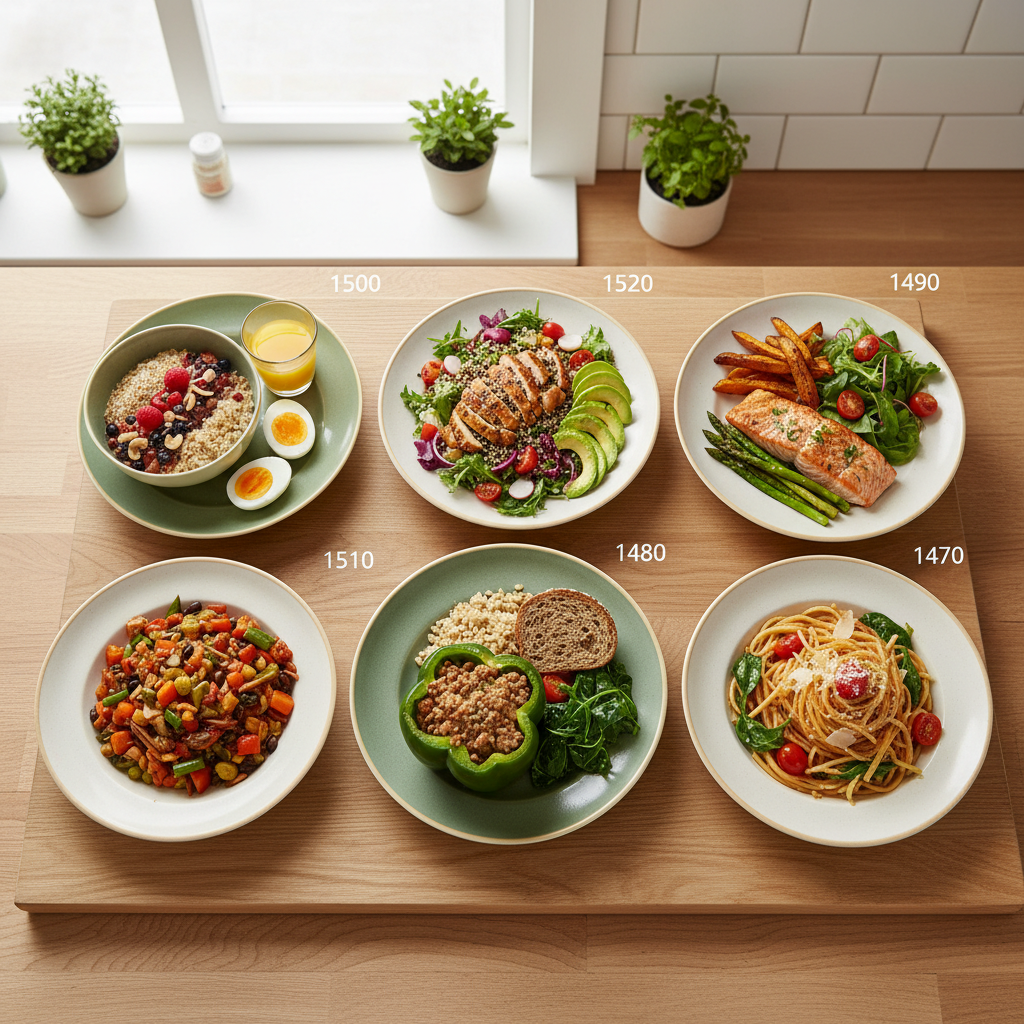 Assiettes types pour 7 jours avec repères caloriques