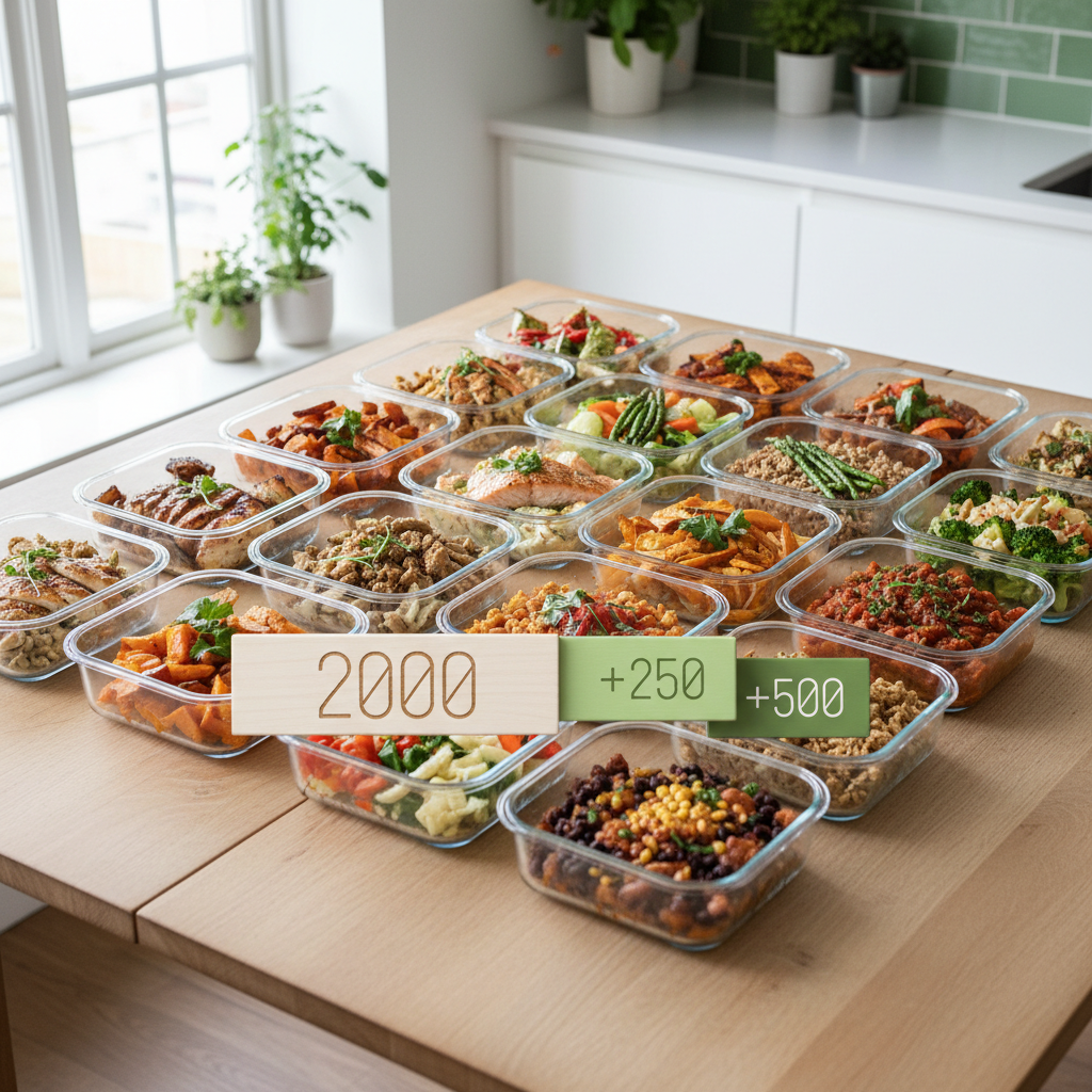 Plan de meal prep avec glissière calorique 2000 kcal et modules +250/+500