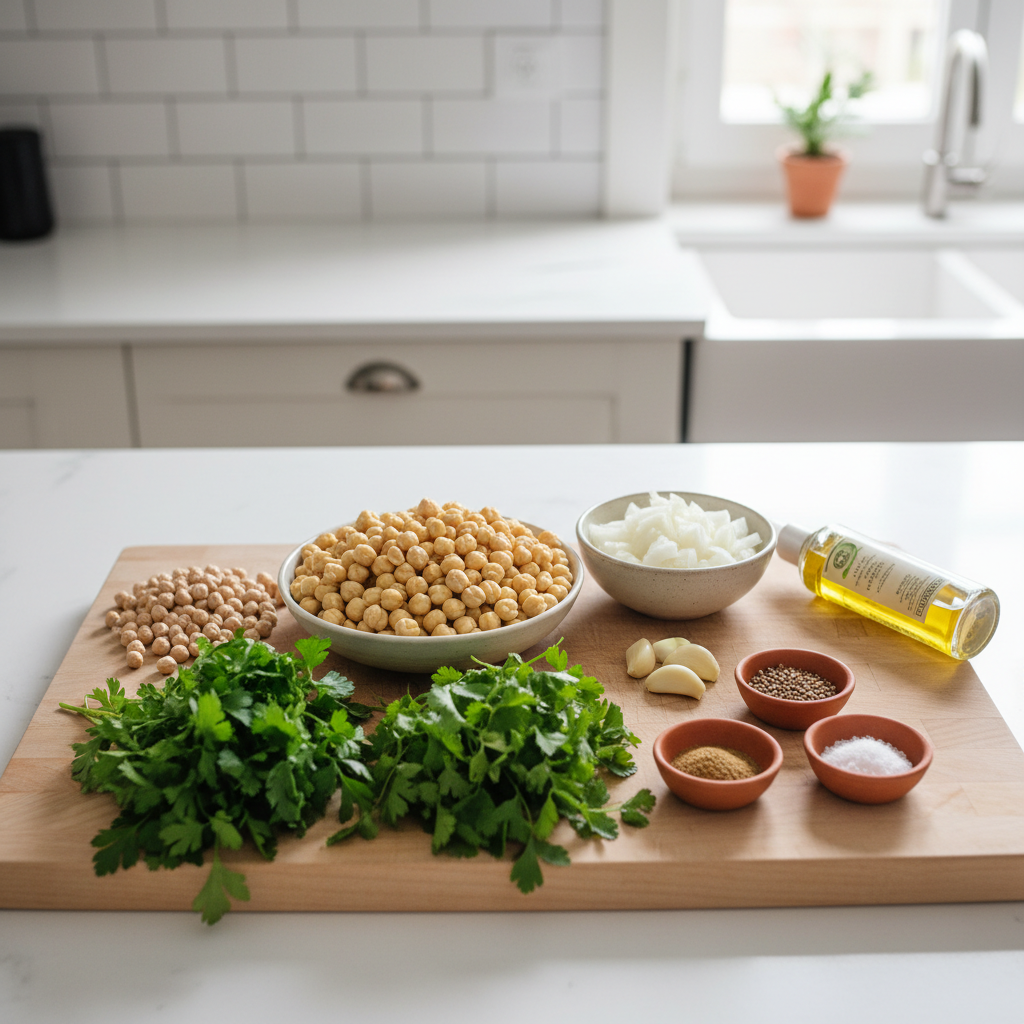 Ingrédients mesurés pour falafels : pois chiches secs trempés, herbes, épices