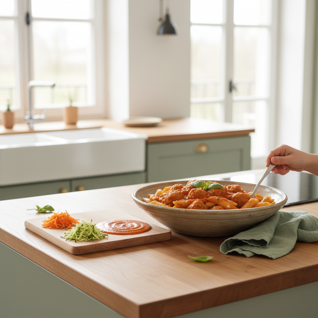 Assiette familiale de pâtes sauce lisse avec légumes intégrés, style maison