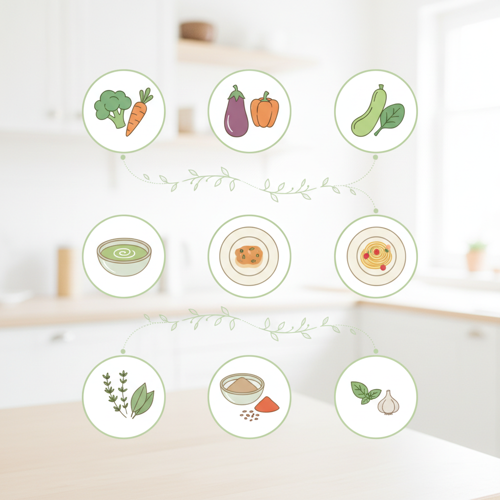 Infographie des mariages de saveurs entre légumes, plats et épices