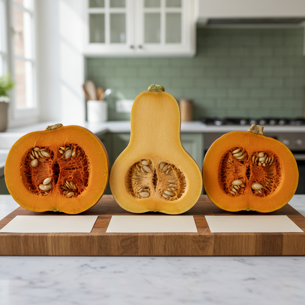 Vue en coupe des trois courges avec légendes saveur et texture